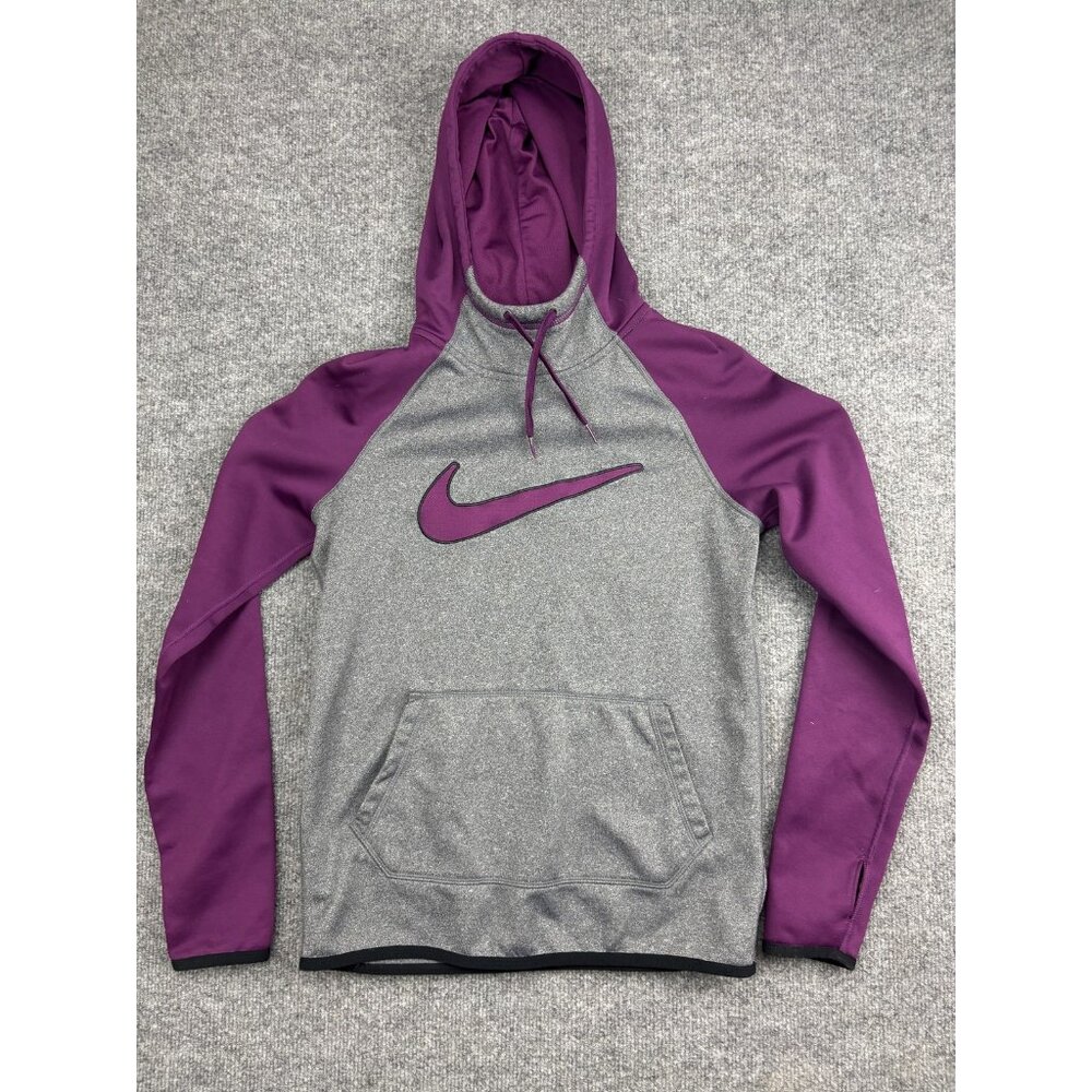 Nike Therma-Fit Hoodie Mens XS‎ Gray Purple Pullover Sweatshirt Swoosh Athletic